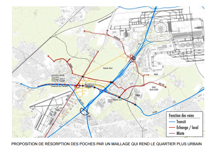 Proposition de resorption des poches par un maillage qui rend le quartier plus urbain Extrait du plan guide pour le Triangle de Gonesse @EPA Plaine de France, Groupement Güller Güller - RHDVHV - EBP / RR&A - PvB avec Setec